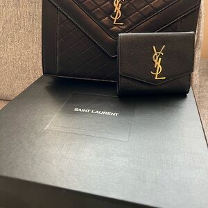 Saint Laurent Black Quilted Bag and Wallet with Gold Logo